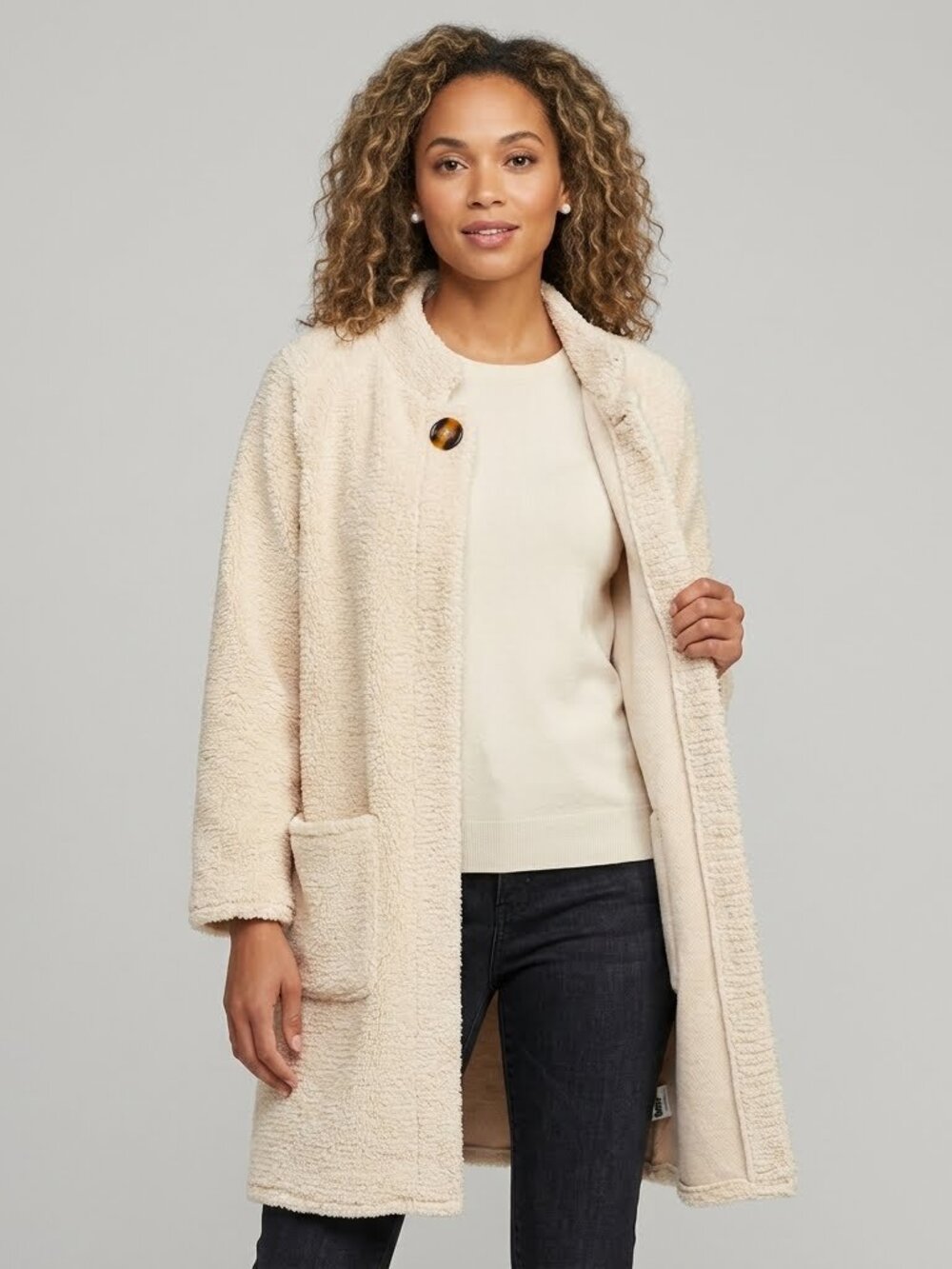 Janice Apparel Ivory Faux Sherpa Teddy Coat M/L Cozy Luxe Minimalist Winter